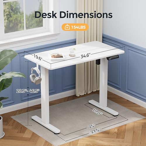 Small Electric Standing Desk, 35" ×20" White Standing Desk, Height Adjustable Compact Sit Stand Workstation with Splice Board, Home Office Desk with 2 Hooks - color: Pearl White, size: 35"