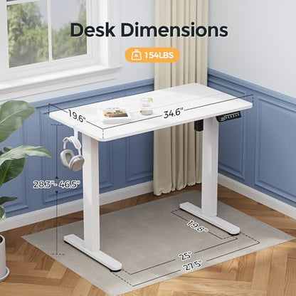 Small Electric Standing Desk, 35" ×20" White Standing Desk, Height Adjustable Compact Sit Stand Workstation with Splice Board, Home Office Desk with 2 Hooks - color: Pearl White, size: 35"