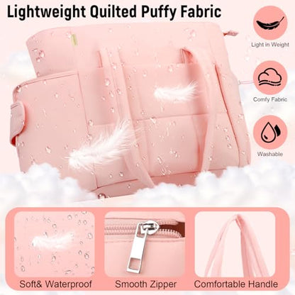 Puffer Tote Bag with Large Cup Holder& 15.6 Inch Laptop Compartment, Lightweight Puffy Work Bag with Water Bottle Pocket, Large Laptop Tote with Clutch Purse for Women Teacher Nurse (Pink) - color: Pink