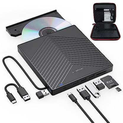 ORIGBELIE External CD DVD Drive 4 USB Port 2 TF/SD Card Slot &Carrying Case | Slim USB 3.0 CD DVD ROM Player Burner Reader Writer Rewriter Optical Disk Drive for Laptop PC Mac OS Windows 11/10/8/7 Linux - size: 6.1" x 5.45" x 0.65"