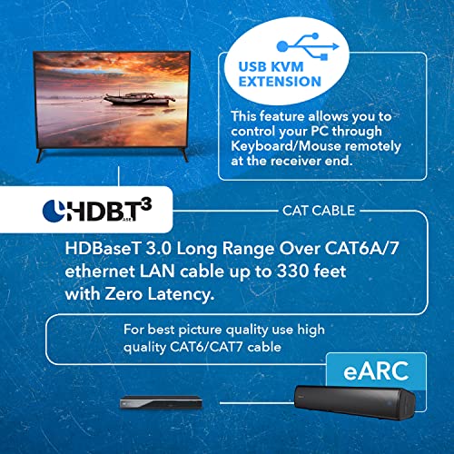 OREI 4K eARC HDMI Extender Balun HDBaseT 3.0 UltraHD 4K @ 60Hz 4:4:4 Over Single CAT5e/6/7 Cable with HDR, LAN, ARC & IR Support, RS-232 Up to 330 Ft Audio Out - Power Over Cable - LAN Out | HDBaseT, ARC HDMI Extender – HDR10+, Dolby Vision, USB KVM, HDMI