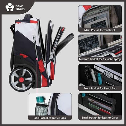 NEW TILAMI 20 Inch Rolling Backpack for School Stair-Climbing Big Wheel | Teen Boys Girls Carry-on Suitcase Large Organizer Compartment 15.6 Laptop Sleeve Adjustable Handle Roller Travel Bag College - color: Black - Red Combo