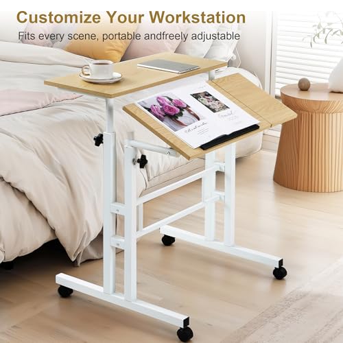 VECELO Mobile Small Standing Desk Adjustable Height, Computer Workstations with Tiltable Tabletop, Lockable Wheels, Portable Rolling Laptop Desk for Home Office, Oak - color: Oak