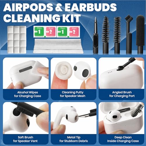 Upgrade Phone Cleaning Kit 47PCS, iPhone Cleaning Kit, Airbud AirPods Cleaning Kit, Keyboard, Charging Port Cleaner for Apple Lightning/Android USB-C - Includes Putty, Cloth & Wipes (Black) - color: Black (47PCS)
