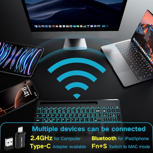 Hamile Wireless Backlit Keyboard with Wrist Rest, Black | 2.4G and Bluetooth keyboard with 8 backlight effects, slim rechargeable silent keys, holder, and Windows/Mac support - color: Black