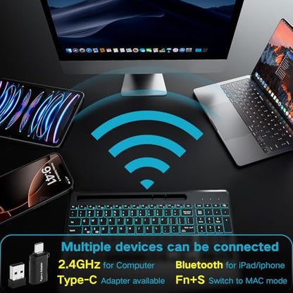 Hamile Wireless Backlit Keyboard with Wrist Rest, Black | 2.4G and Bluetooth keyboard with 8 backlight effects, slim rechargeable silent keys, holder, and Windows/Mac support - color: Black