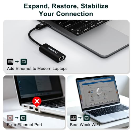 QGeeM USB C to Ethernet Adapter, 1000Mbps Gigabit RJ45 LAN Network Dongle, Thunderbolt 4/3 Compatible, Braided Nylon Aluminum Case for iPhone 17 16 15 Pro Max, MacBook Pro/Air M3 M2, iPad, XPS - Black - color: Black