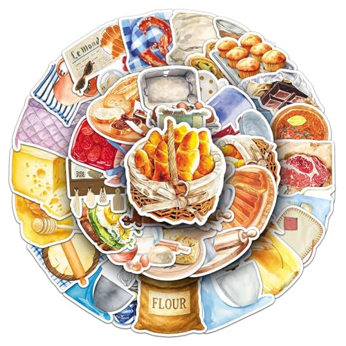 50Pcs Watercolor French Breakfast Stickers,Waterproof Vinyl Brunch Bakery Stickers for Journaling,Laptop,Water Bottle, Planner,Scrapbook,Phone Case,Notebook, DIY Decor for Food Lovers