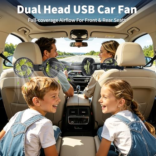 XOOL Car Fan for Backseat Kids, Dual Head USB Car Cooling Fans - 3 Speeds 360° Rotatable Rear Headrest Fans, 5V/2A Powerful Electric Air Circulation Fan for Vehicles SUV RV - size: USB Dual Fan - Back (Three Speeds)