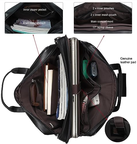 Masa Kawa Leather Briefcase for Men 15.6" 17" Laptop Business Messenger Bag | Computer Sleeve, Travel Luggage Strap, Professional Office Work Lawyer Crossbody Shoulder Attache Case - color: Black -Fits 17.3 Inch Laptop