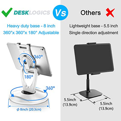 360 Rotating Tablet Stand for POS Kiosk & Desk, Foldable iPad Holder with Phone Organizer Base, Swivel Counter Mount for Retail & Office, Fits iPad Pro 12.9, Air, Mini, All 4-13” Devices - color: White