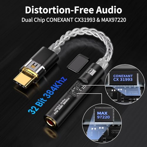 USB C to 3.5mm Audio Adapter with Dual Chip CX31993 MAX97220 DAC & HiFi Amplifier, 8-Strand 4N Single Crystal Silver-Plated Copper Cable,USBC to Headphones Aux Dongle for Android iPhone PC Mac (Black) - color: Black