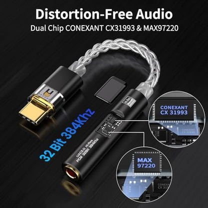 USB C to 3.5mm Audio Adapter with Dual Chip CX31993 MAX97220 DAC & HiFi Amplifier, 8-Strand 4N Single Crystal Silver-Plated Copper Cable,USBC to Headphones Aux Dongle for Android iPhone PC Mac (Black) - color: Black