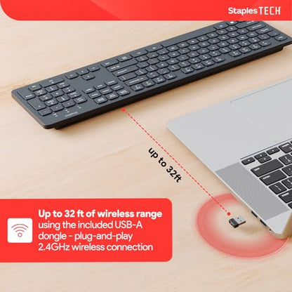 Staples TECH Slim Wireless Keyboard, Full‑Size 104‑Key, Quiet Scissor Keys, USB Receiver, Black - style: Full Size