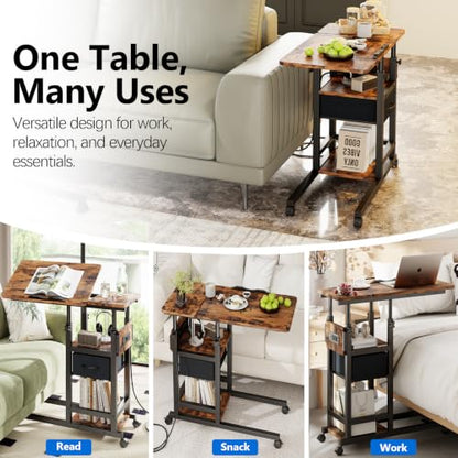 Adjustable Overbed Bedside Table with Wheels, Charging Station | Tilting Top, Adjustable Side Table, 2-Tier Storage with Drawer, Over Bed Table, C-Shaped End Table for Beds, Couch - color: Brown