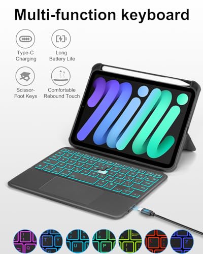 EAMPANG Case with Trackpad Keyboard for iPad mini 7th(A17 Pro, 2024)/6th Generation 8.3 inch,7-Color Backlit Wireless Keyboard Magnetic Detachable Multi-Angle Stand Cover for iPad mini 6 7 Black - color: Black