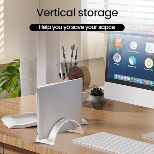 Acrylic Vertical Laptop Stand, Sleek Transparent Desktop Notebook Dock, Space-Saving Docking Stand for MacBook, Surface, HP, Dell and More