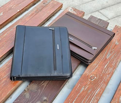 14" Laptop Briefcase, Vegan Leather Portfolio with Zipper Compartments x 2, A4 Papers Holder Padfolio Organizer - color: Black