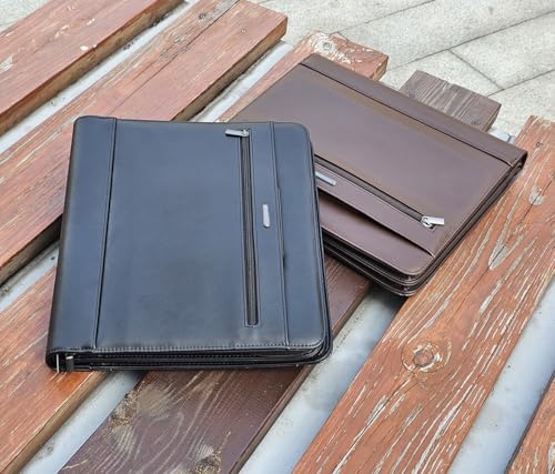 14" Laptop Briefcase, Vegan Leather Portfolio with Zipper Compartments x 2, A4 Papers Holder Padfolio Organizer - color: Brown