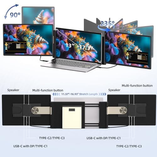 Laptop Screen Extender 2.5K - Updated 16" Triple Portable Monitor 2560x1600P QHD 100% sRGB IPS, Plug & Play, Rotation Detachable Screen Compatible with Mac Wins Dex Chrome Fits 13"-17" Laptops - size: 16"