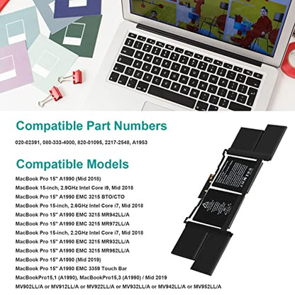 A1953 Laptop Battery for MacBook Pro A1990 (Mid 2018 2019 ) MacBook Pro 15" EMC 3215 EMC 3359 BTO/CTO MV902LL/A MV912LL/A MV922LL/A MV932LL/A MV942LL/A MV952LL/A MR962LL/A MV962LL/A MV972LL/A MV902B/A - size: 12.2*3.62*0.31inch A1953