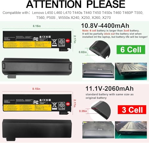 TREE.NB 48WH Battery 68+ for ThinkPad T440 T450 T460 T460P T470P T550 T560 X240 X250 X260 X270 L450 L460 L470 P50S W550s 0C52861 0C52862 Series 45N1125 45N1126 45N1127 - size: 8.14x2.44x0.82inch X240