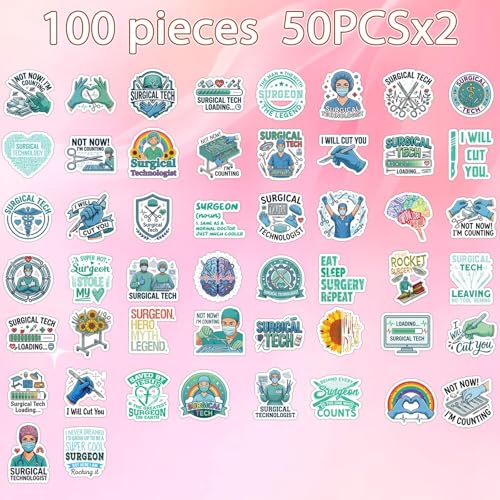 100 Pcs Surgical Tech Stickers Surgical Technologist Gifts | Surgical Tech Stickers for Appreciation, Waterproof Vinyl, Doctor Decals for Luggage Guitar Laptop Journaling Water Bottle - style: Surgical Tech