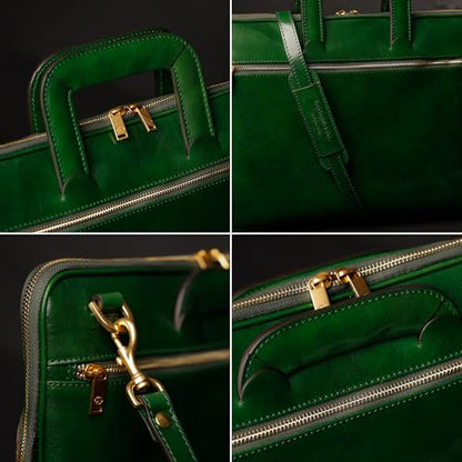 Time Resistance Slim Leather Briefcase - Italian Handmade Leather Computer Bag - Briefcase for Men and Women - Laptop Bag - color: Green