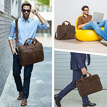 Jack&Chris Full Grain Leather Briefcase for Men, Business Messenger Bag Laptop Bag Attache Case, Fits 15.6 Inch Laptop - color: Brown-15.6inch