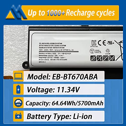 64.64Wh EB-BT670ABA EB-BT670ABE Laptop Battery Compatible with Samsung Galaxy View 18.4" SM-T670 Series AA2HC15BS AA2GB07BS AA2GA26BS AA2GC05BS AA2GB07B AA1G907KS AA1GA02BS AA2GC16BS 11.34V - size: 10.16*1.97*0.33 inch EB-BT670ABA