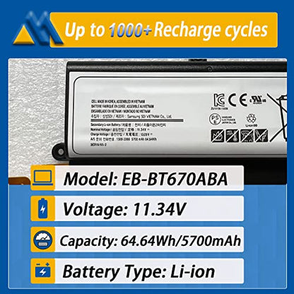 64.64Wh EB-BT670ABA EB-BT670ABE Laptop Battery Compatible with Samsung Galaxy View 18.4" SM-T670 Series AA2HC15BS AA2GB07BS AA2GA26BS AA2GC05BS AA2GB07B AA1G907KS AA1GA02BS AA2GC16BS 11.34V - size: 10.16*1.97*0.33 inch EB-BT670ABA