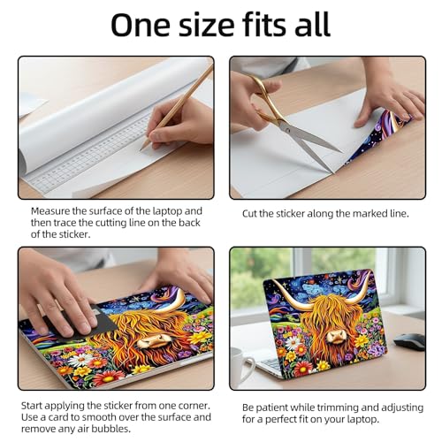 Aesthetic Laptop Skin Sticker, Highland Cow in Blooms Waterproof Vinyl Laptop Decal, Removable Bubble Free, Reusable Protective Cover for 13 14 15 15.6 Inch - color: Highland Cow in Blooms