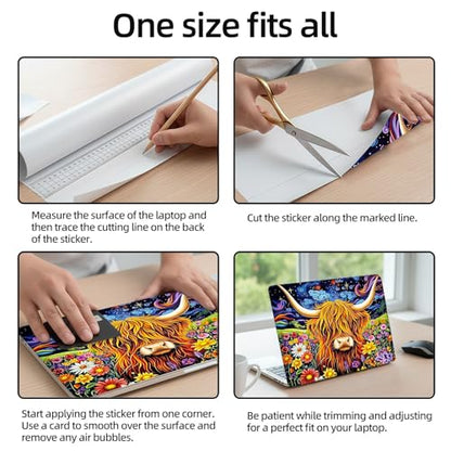 Aesthetic Laptop Skin Sticker, Highland Cow in Blooms Waterproof Vinyl Laptop Decal, Removable Bubble Free, Reusable Protective Cover for 13 14 15 15.6 Inch - color: Highland Cow in Blooms