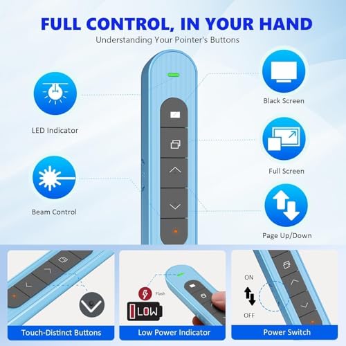 Presentation Clicker for Powerpoint Presentations, Blue, A | Long-Range Wireless Presenter Remote, Magnetic USB Receiver, PowerPoint Clicker Compatible with Windows/Android/macOS/Linux - color: Blue