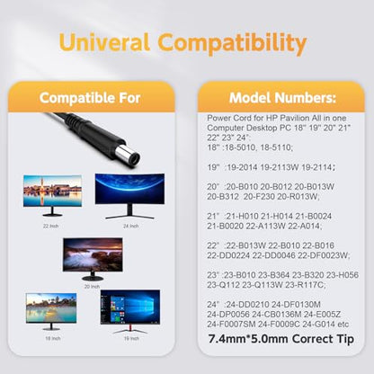 90W Power Cord Compatible with HP All-in-One Desktop PC 18'' 19'' 20" 21" 22" 23" 24" 27", 18-5110, 19-2304, 20-B010, 21-B0024, 22-B016, 24-DD, 24-DF, 24-DP, 24-CB, 22-DD, 22DF Series Power Adapter | 90W 19V 4.74A charger, 7.4x5.0mm tip. Compatible with H