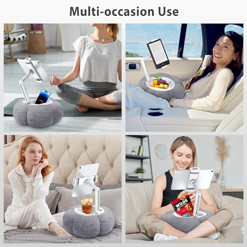 CreaDream Pumpkin Tablet Pillow Stand, Adjustable Pillow Stand for Lap Bed | Detachable Snack Bowl, Fits 4.7"-13" Kindle, Tablets, iPad, Soft Plush Fabric, for Reading and Relaxation on Bed, Couch, Grey - color: Grey