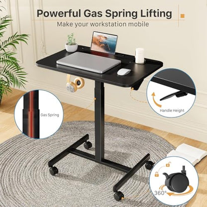 28 inch Mobile Laptop Desk, Portable Sit Stand Cart with Wheels | Small Standing Desk with Cup Holder, Rolling Computer Workstation Height Adjustable with Hook on 4 Lockable Casters, Black - color: Black