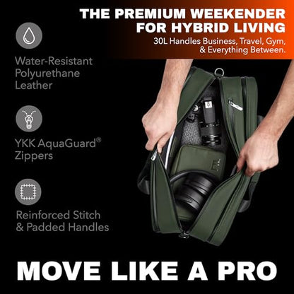 The FTL Pro Mens Travel Bag - 30L Premium Work to Gym Weekender Duffel with Garment Bag, Shoe Space & 18" Laptop Sleeve - Business Carry On Hybrid, Fits Under Airplane Seat - Abbot Green - color: Abbot Green, style: Pro