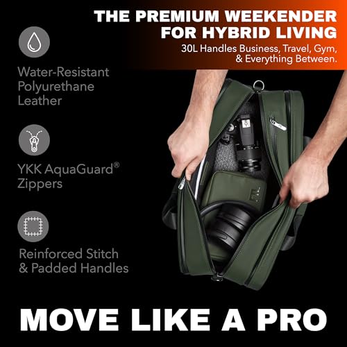 The FTL Pro Mens Travel Bag - 30L Premium Work to Gym Weekender Duffel with Garment Bag, Shoe Space & 18" Laptop Sleeve - Business Carry On Hybrid, Fits Under Airplane Seat - Abbot Green - color: Abbot Green, style: Pro