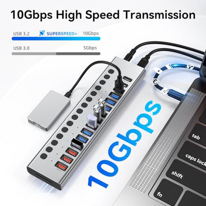 Powered USB Hub 10Gbps, 17 Ports USB 3.2 Hub, 96W Power Adapter | 10 USB-A 3.2, 3 QC 24W Fast Charging, 2 USB-C 3.2, SD/TF, 12V/8A Power Adapter for Laptop, PC, Computer, HDD, Flash Drive - color: Silver