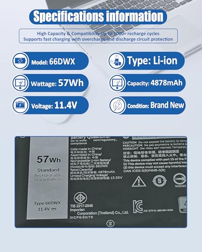 57Wh 66DWX 86D0Y 0HYH8 Battery for Dell Latitude 7340 7350 7440 7450 7640 7650 & P126F P126F001 P175G P175G001 P178G P179G - size: 10.02*3.14*0.24 inch 66DWX-01
