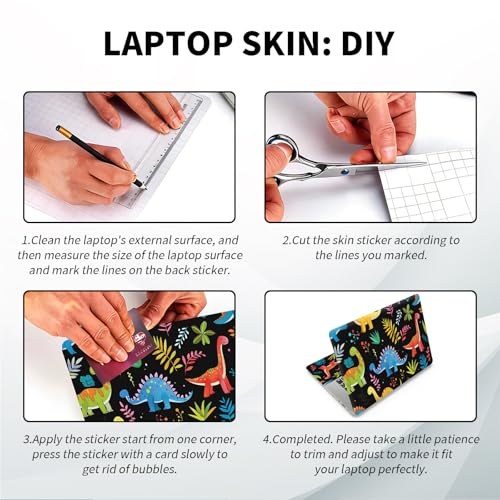 Universal Laptop Skin, DIY Cut-to-Fit Vinyl Cover Compatible with HP, Dell, Lenovo, Mac (13.3" to 15.6"), Anti-Scratch, No Residue & Bubble-Free Protective Decal Sticker, Cute Dinosaur Pattern - color: Cute Dinosaur Pattern