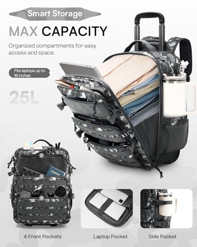 AUROTIER Rolling Tactical Laptop Backpack, Underseat Travel Backpack with Wheels, 16 Inch Wheeled Computer Backpack for Men and Women, Roller Overnight Molle Outdoor Hiking College Carry on Luggage - color: Black Camo
