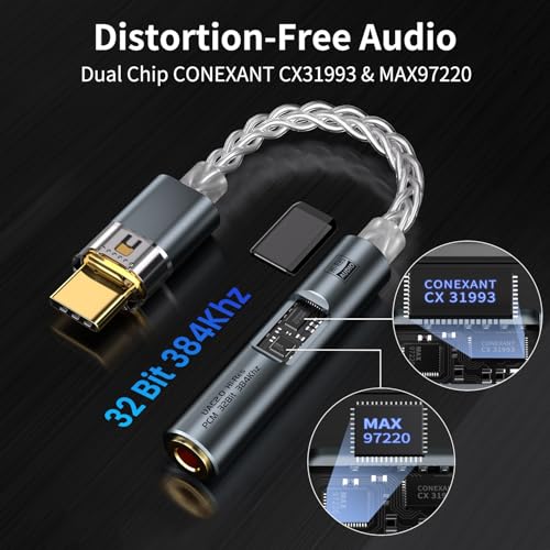 USB C to 3.5mm Adapter with Dual Chip CX31993 MAX97220 DAC Amplifier | Hi-Res DAC Adapter with 8-Strand 4N Single Crystal Copper Silver-Plated Cable, USB C to aux for Android iPhone PC Mac(Grey) - color: Grey