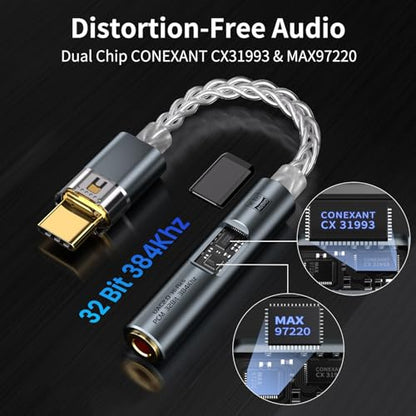 USB C to 3.5mm Adapter with Dual Chip CX31993 MAX97220 DAC Amplifier | Hi-Res DAC Adapter with 8-Strand 4N Single Crystal Copper Silver-Plated Cable, USB C to aux for Android iPhone PC Mac(Grey) - color: Grey