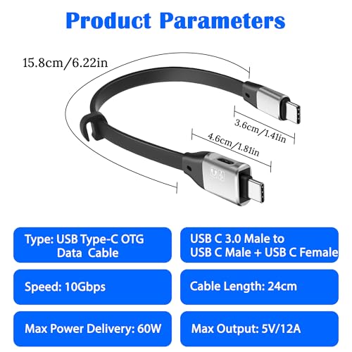 MEIRIYFA USB Type C Male to USB C Male Short OTG Data Cable + USB-C Female OTG Cable 10Gbps 60W Fast Charging for Laptop Tablet Mobile Phones - 24cm