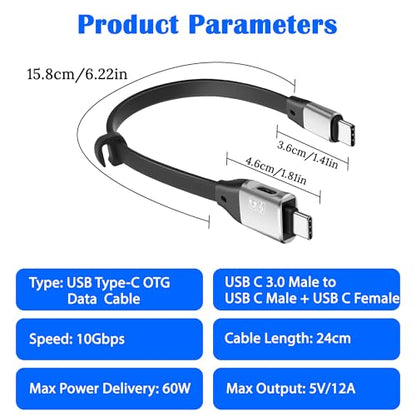 MEIRIYFA USB Type C Male to USB C Male Short OTG Data Cable + USB-C Female OTG Cable 10Gbps 60W Fast Charging for Laptop Tablet Mobile Phones - 24cm