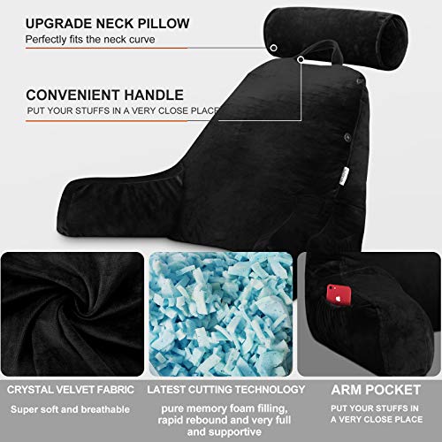 Reading Pillow for Adults Sitting‑Up in Bed, Backrest with Arms | Detachable Neck‑Cushion; Shredded Memory‑Foam; Side Pockets; Washable Velvet Cover; Gaming & TV, Sofa Use - color: Black