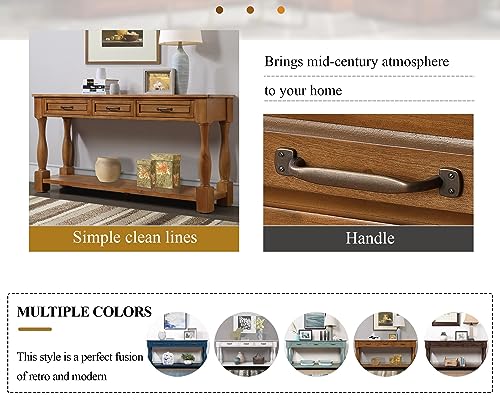 60" Solid Wood Console Table for Entryway,Sofa Table with Drawers | 60" Farmhouse Entryway Table with Storage Drawers & Shelf,Solid Wood Long Sofa Table for Hallway,Entry,Easy Assembled,Brown - color: Brown
