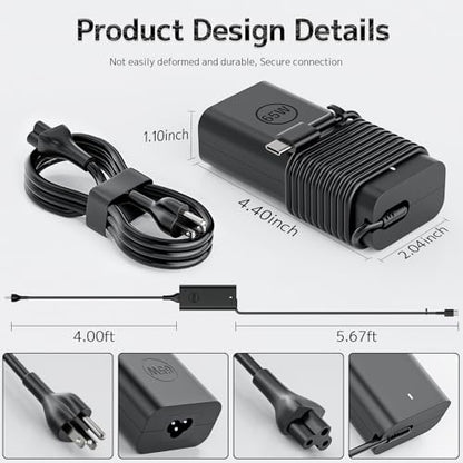 Slim 65W USB Type C Laptop Charger Compatible with Dell Computer Adapter | Latitude 5420 5430 5440 5450 5550 5520 7320 Inspiron 14 7425 16 7620 Chromebook 3100 3400 XPS 13 7390 2-in-1 Power Supply